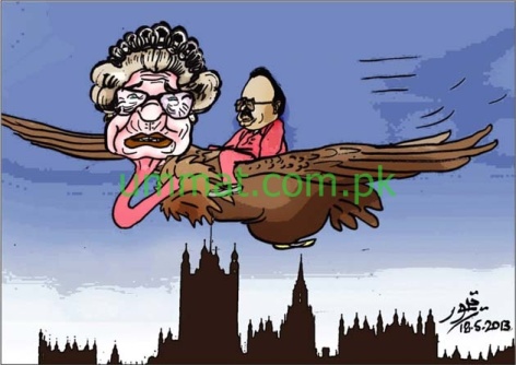 CARTOON_Altaf Harami flies on the wings of British Queen
